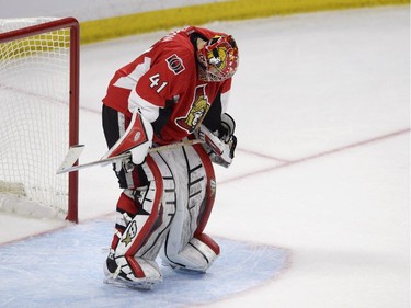Ottawa Senators goalie Craig Anderson stands in his crease during third period NHL playoff action against the Montreal Canadiens in Ottawa, Sunday, April 26, 2015.