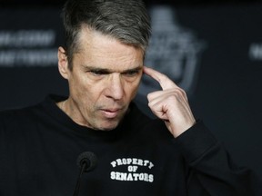 Ottawa Senators' Head Coach, Dave Cameron, speaks to the media after practice at the Bell Centre in Montreal Thursday April 16, 2015. (Darren Brown/Ottawa Citizen)