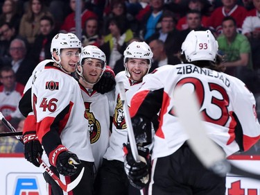 Bobby Ryan #6 of the Ottawa Senators celebrates his goal with teammates during Game Five of the Eastern Conference Quarterfinals of the 2015 NHL Stanley Cup Playoffs at the Bell Centre on April 24, 2015 in Montreal, Quebec, Canada.