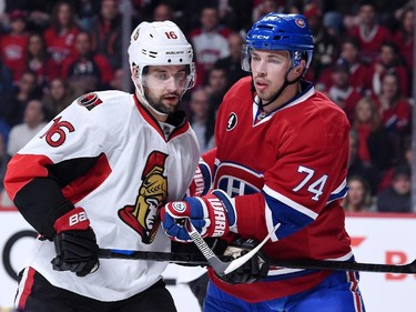 Alexei Emelin #74 of the Montreal Canadiens defends against Clarke MacArthur #16 of the Ottawa Senators during Game Five of the Eastern Conference Quarterfinals of the 2015 NHL Stanley Cup Playoffs at the Bell Centre on April 24, 2015 in Montreal, Quebec, Canada.