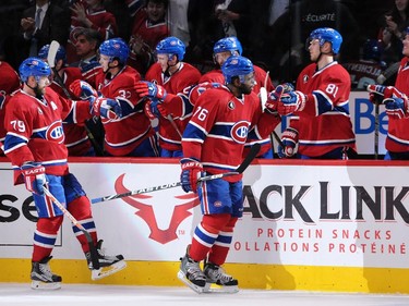MONTREAL, QC - APRIL 17:  P.K. Subban #76 of the Montreal Canadiens celebrates his second period goal with teammates in Game Two of the Eastern Conference Quarterfinals during the 2015 NHL Stanley Cup Playoffs at the Bell Centre on April 17, 2015 in Montreal, Quebec, Canada.