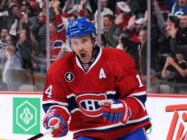 Tomas Plekanec #14 of the Montreal Canadiens celebrates his second period goal in Game One of the Eastern Conference Quarterfinals during the 2015 NHL Stanley Cup Playoffs at the Bell Centre on April 15, 2015 in Montreal, Quebec, Canada.