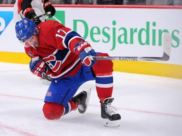 Torrey Mitchell #17 of the Montreal Canadiens celebrates his second period goal in Game One of the Eastern Conference Quarterfinals during the 2015 NHL Stanley Cup Playoffs at the Bell Centre on April 15, 2015 in Montreal, Quebec, Canada.