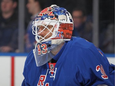 Henrik Lundqvist #30 of the New York Rangers sports a mask honoring the Fire Department of New York (FDNY) before the game.