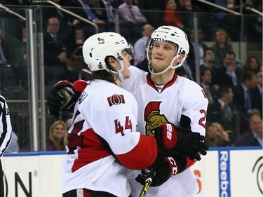 Erik Condra celebrates an empty net goal by Jean-Gabriel Pageau during the playoff run last season. The five year veteran of the Senators has signed a deal with Tampa.