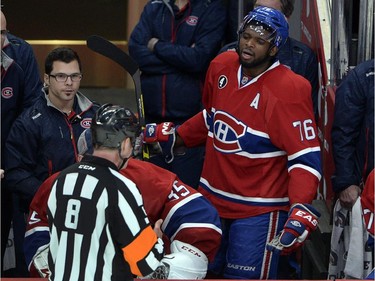 Montreal Canadiens defenseman P.K. Subban (76) argues with referee Dave Jackson after receiving a game misconduct during second period of Game 1 NHL first round playoff hockey action against the Ottawa Senators Wednesday, April 15, 2015 in Montreal.