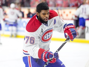 P.K. Subban takes the warm-up as the Ottawa Senators take on the Montreal Canadiens at the Canadian Tire Centre in Ottawa for Game 6 of the NHL Eastern Conference playoffs on Sunday evening.