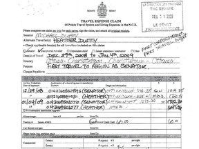 Page from Senate Travel Expense Claim submitted by Mike Duffy for travel to and from Charlottetown, P.E.I. and Ottawa during the December 29th, 2008 to January 4, 2009 period.
