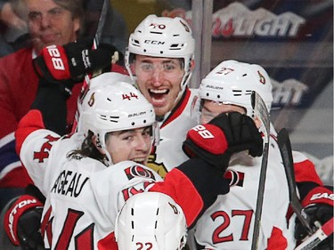 Patrick Wiecioch celebrates his goal with Curtis Lazar, Jean-Gabriel Pageau, Erik Condra and Cody Ceci in the first period as the Ottawa Senators take on the Montreal Canadiens at the Bell Centre in Montreal for Game 5 of the NHL Conference playoffs on Friday evening.
