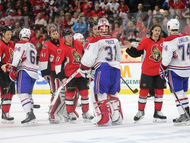 Players line up for hand shakes after the third period as the Ottawa Senators take on the Montreal Canadiens at the Canadian Tire Centre in Ottawa for Game 6 of the NHL Eastern Conference playoffs on Sunday evening.