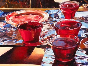 Detail from Red Currant Jelly (1972, oil on Masonite, 45.9 ¾ó 45.6 cm) by Mary Pratt.