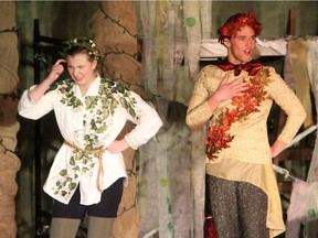 River Rietkerk (R), performs as Oberon, and Adele Marsland (L), performs as Puck, during Redeemer Christian High School's Cappies production of  A Midsummer Night's Dream.