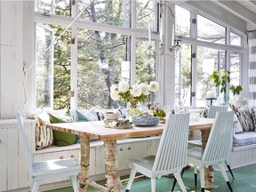 Crisp white ceilings and bright green floors give the Georgian Bay cottage a fresh, new look.