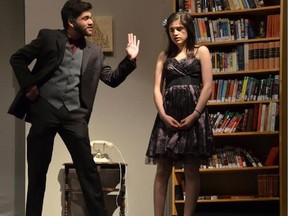 Saul Watson ("Dr. Rex Forbes") played by Reshad Islam (L), Violet Imbry ("Diana Lassiter") played by Nawal Shooman (R), during Brookfield High School's Cappies production of  "Play On!"