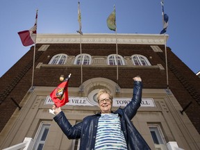 Shawville Mayor Sandra Murray, the sister-in-law of Ottawa Senators general manager Bryan Murray, shows off her Sens pride in front of the town hall on Main Street in Shawville.