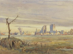 Painting by Lieutenant Cyril Henry Barraud, Courtesy of the Canadian War Museum.
"First Glimpse of Ypres." A crude shelter for soldiers in the left-hand corner contrasts with the ruin of the Cloth Hall in Ypres, which the Canadians defended during the Second Battle of Ypres in April 1915.