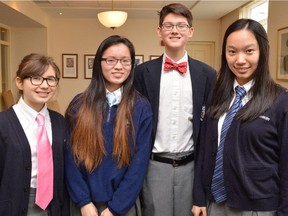 Students from Ashbury College get ready to head off to Toronto for the finals at the Make Your Pitch competition. From left to right: Laura Alb, Monica Taing, Jonathan Chow and Lauren Wang.