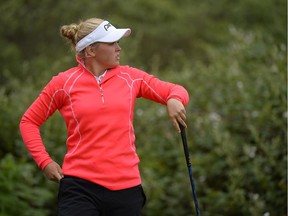 Brooke Henderson tees off on the 16th hole during round two of the Swinging Skirts LPGA Classic at the Lake Merced Golf Club in San Francisco, California.