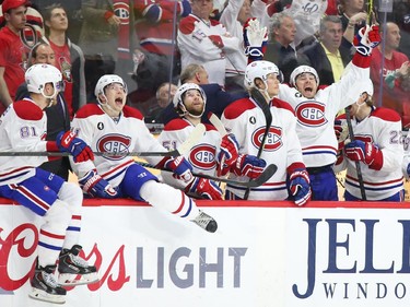 The Montreal Canadiens celebrate their series win against the Ottawa Senators during at Canadian Tire Centre in Ottawa, April 26, 2015.