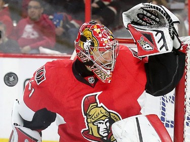 The puck bounces off the crossbar and past Craig Anderson in the second period as the Ottawa Senators take on the Montreal Canadiens at the Canadian Tire Centre in Ottawa for Game 6 of the NHL Eastern Conference playoffs on Sunday evening.