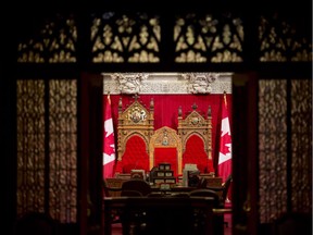 The thrones in the Senate Chamber are seen through the main entrance on Parliament Hill.
