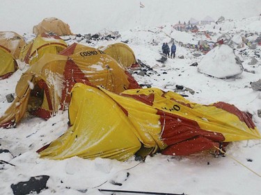 This photo provided by Azim Afif shows the scene after an avalanche triggered by a massive earthquake swept across Everest Base Camp, Nepal on Saturday, April 25, 2015. Afif and his team of four others from the Universiti Teknologi Malaysia (UTM) all survived the avalanche.