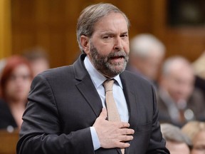 NDP Leader Thomas Mulcair asks a question during question period in the House of Commons on Parliament Hill in Ottawa on Wednesday, April 22, 2015.