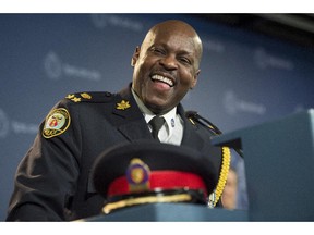 Toronto police chief designate Mark Saunders speaks to media during a press conference to formally announce his selection to succeed current police chief Bill Blair at police headquarter in Toronto, Monday April 20, 2015. (Tyler Anderson / National Post)