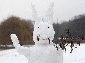 BERLIN, GERMANY - MARCH 29:  An Easter bunny-shaped snowman stands on the snow-covered  Strandbad Wannsee beach during its opening for the year on March 29, 2013 in Berlin, Germany. Despite continued unseasonably cold temperatures in the country, organizers opened the beach for bathers in time for the last weekend of March, when Easter Sunday is expected to be colder than the previous Christmas Day had been.
