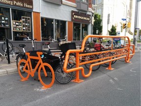 This bike corral on Wellington Street takes up one street parking space.