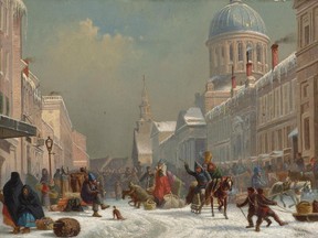 The painting Bonsecours Market, Montreal is signed and dated RAPHAEL / 1880.