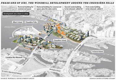 The proposed development of the former Domtar lands is highlighted. Shown in orange is Phase One of Zibi, which includes two waterfront six-storey condo buildings and two restored Domtar buildings for commercial space.