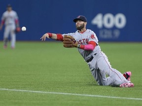 Boston Red Sox second baseman Dustin Pedroia (15) throws to first for the out after making a diving catch of a ball hit by Toronto Blue Jays left-fielder Kevin Pillar (11) during the fourth inning of AL action in Toronto on Sunday, May 10, 2015.