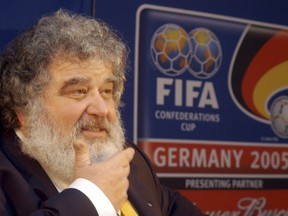 FILE - In this Feb. 14, 2005 file photo, Confederation of North, Central American and Caribbean Association Football (CONCACAF)  Secretary General  Chuck Blazer as he attends a news conference in Frankfurt, Germany.  Blazer was one of four men who pleaded guilty in the Justice Department's corruption investigation into FIFA announced Wednesday May 27, 2015.