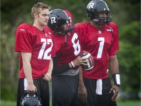 QBs Derek Wendel, Jesse Mills and Henry Burris at  RedBlacks training camp a year ago. Wendel is back for another session this year.