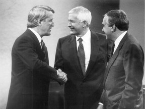 1988  photo of, from left to right, Brian Mulroney, John Turner and Ed Broadbent, who politically were right to left, and at least one of whom was Progressive.