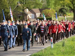 Canadian students and cadets on march silently to Groesbeek. Students have travelled to the Netherlands to mark the 70th anniversary of the liberation of Holland by Canadian troops.