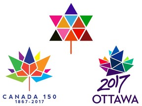 Canada Centennial 1967 logo (top), Canada 150 logo (bottom left) and 2017 Ottawa logo (bottom right)