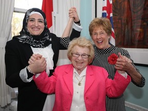 Dr. Ruth Westheimer (centre) with Because Mothers Matter award winners Nagahm Fawaz (left) and Sharon Johnston, wife of Gov. Gen. Daivd Johnston.