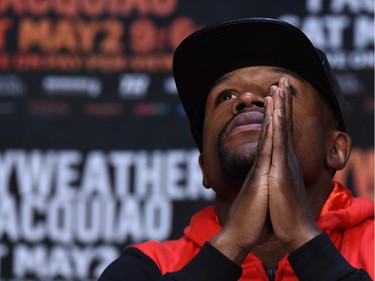 WBC/WBA welterweight champion Floyd Mayweather Jr. attends a news conference at the KA Theatre at MGM Grand Hotel & Casino on April 29, 2015 in Las Vegas, Nevada. Mayweather will face WBO welterweight champion Manny Pacquiao in a unification bout on May 2, 2015 in Las Vegas.