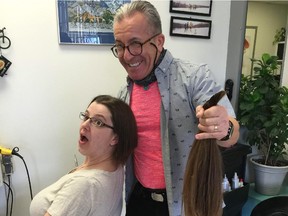 Shauna Quinn, special events and fundraising co-ordinator for the Parkinson Society of Eastern Ontario, signed up for a styling at the Parkinson Cut-A-Thon and also donated her hair to another good cause, Hair Donation Ottawa. Above, stylist Nevio D'Urbano of Nevio's Mane Image Salon on Carling Avenue cuts off Shauna's hair so she can donate it.