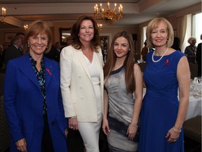 From left, CANFAR national spokesperson Valerie Pringle with event co-chair Sheila O'Gorman, guest speaker Ashley Murphy, 17, who was born HIV positive, and Laureen Harper at a luncheon for the Canadian Foundation for AIDS Research (CANFAR) held at the Rideau Club on Tuesday, May 12, 2015.