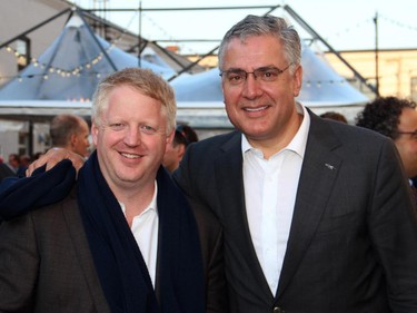 From left, Michael Sangster, V-P of government relations for Telus, with Telus CEO Joe Natale at the third annual Ottawa Riverkeeper Gala held at a new and unique location, Albert Island on the Ottawa River, on Wednesday, May 27, 2015.