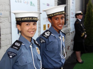 From left, navy cadets Gabrielle Gingras, 12, and Acacia Mulindwa, 11, from the NLCC Vice Admiral Kingsmill, participated in the Ottawa Riverkeeper Gala held Wednesday, May 27, 2015, at Albert Island on the Ottawa River.