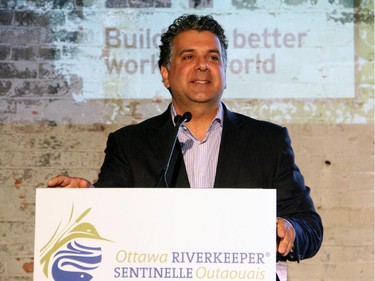 Gary Zed from presenting sponsor EY welcomed VIP guests to the third annual Ottawa Riverkeeper Gala held Wednesday, May 27, 2015, at a new location, Albert Island, former site of the Domtar lands on the Ottawa River.
