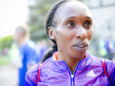 Gladys Cherono was the first person to cross the finish line of the 10K race at Tamarack Ottawa Race Weekend Saturday May 23, 2015. She takes a moment after the race to speak to media.
