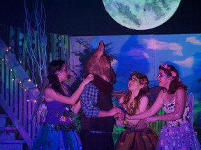 Hannah Peloso (L) performs as Cobweb, Brogan Lavigne (2ndFL) performs as Nick Bottom, Olivia Barclay (2ndFR) performs as Mustardseed, and Hannah Moroz (R) perfoms as Peaseblossom, during Holy Trinity Catholic High School' Cappies production of A Midsummer Night's Dream, held on April 23rd.