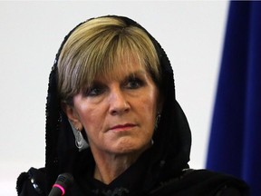 Australian Foreign Minister Julie Bishop holds a press conference with her Iranian counterpart Mohammad Javad Zarif following a meeting in Tehran on April 18, 2015.