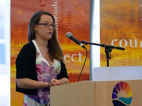 Jessica Dinovitzer a youth leader for the Native Circle at the Youth Service Bureau speaks at the release of a report on the on the mental health of aboriginal youth at the Wabano Centre on May 22, 2015. The report was sponsored by the Champlain LHIN.