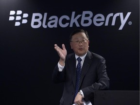 Blackberry's Exectutive Chairman and CEO John Chen speaks during a presentation at the Mobile World Congress wireless show in Barcelona, Spain, Tuesday, March 3, 2015.